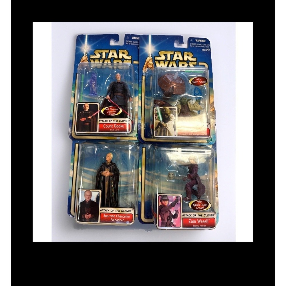 Lot of 4 Star Wars 2002 Action Figures Attack of the Clones Yoda Palpatine Vtg